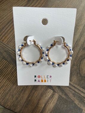 Roller Rabbit Gold Hoop Earrings with White Pearls and Blue Beads